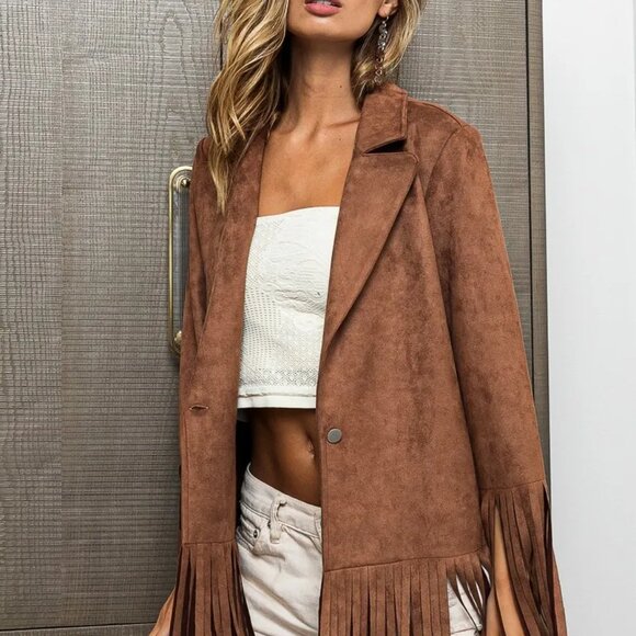 ✨NWT BiBi Suede Single Blazer with Fringed Hem - Picture 2 of 13